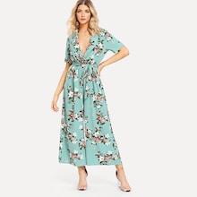 Shein Plunging Surplice Neck Wide Leg Floral Belted Jumpsuit
