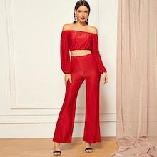 Shein Lantern Sleeve Bardot Top And Wide Leg Pants Set