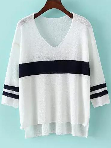 Shein V Neck Striped Dip Hem White Sweater