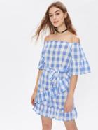 Shein Bardot Tie Waist Grid Ruffle Trim Dress