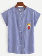 Shein Blue Vertical Striped Ice Cream Patch Pocket Blouse