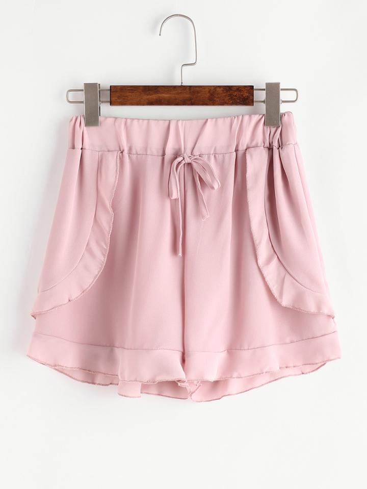 Shein Pink Drawstring Ruffle Trim Chiffon Shorts