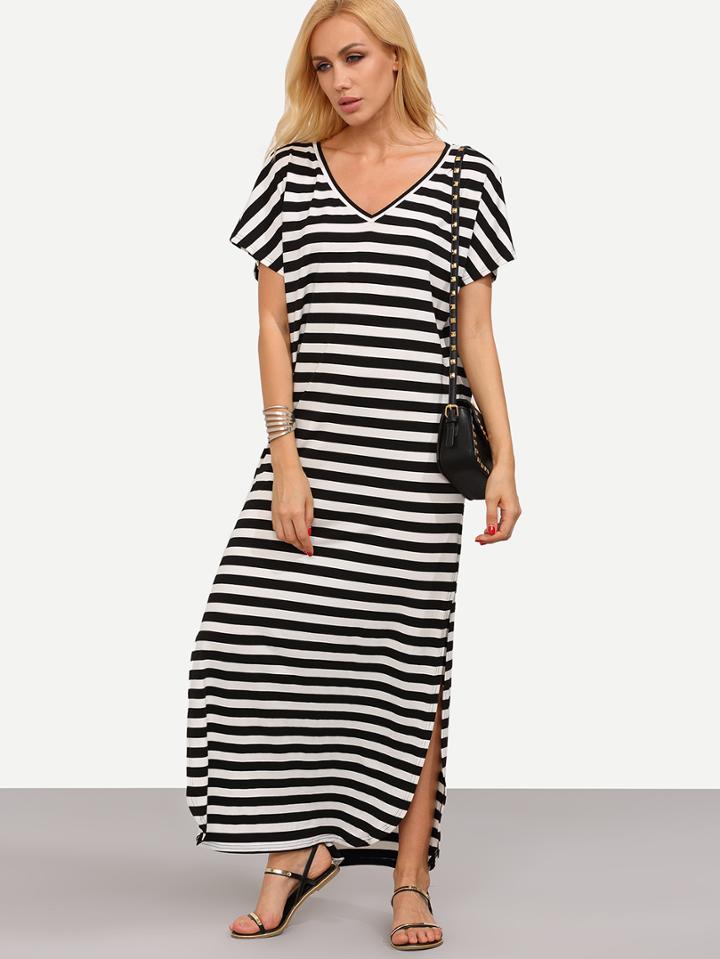 Shein Black And White Striped V Neck Split Dress