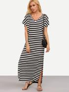 Shein Black And White Striped V Neck Split Dress