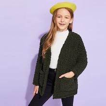 Shein Girls Open Front Pocket Teddy Coat