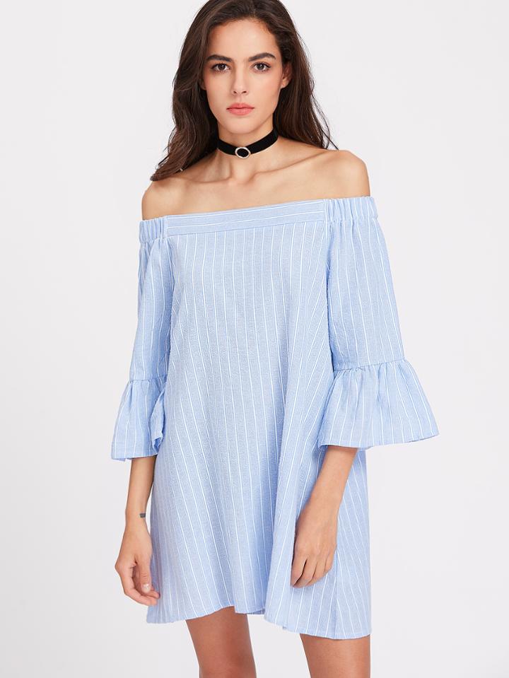 Shein Fluted Sleeve Pinstripe Off Shoulder Dress