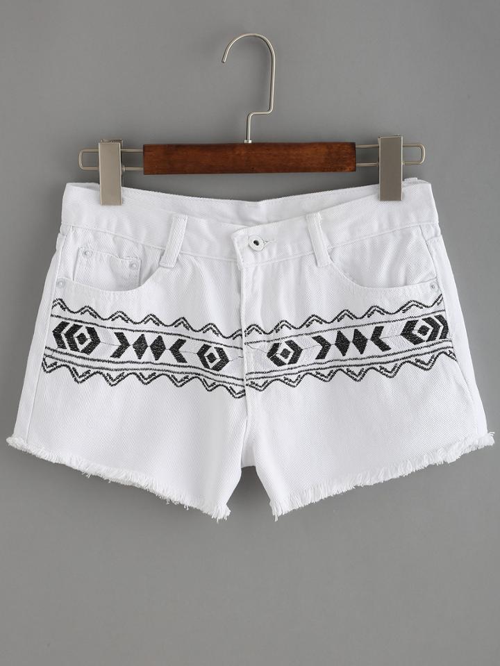 Shein Frayed Geo Embroidered White Jeans Shorts