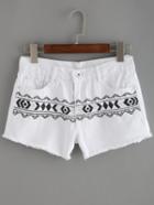 Shein Frayed Geo Embroidered White Jeans Shorts