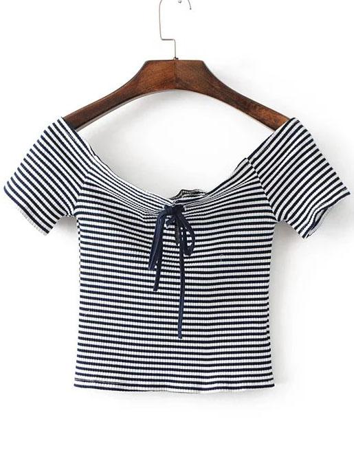 Shein Striped Off The Shoulder Lace Up Crop Top