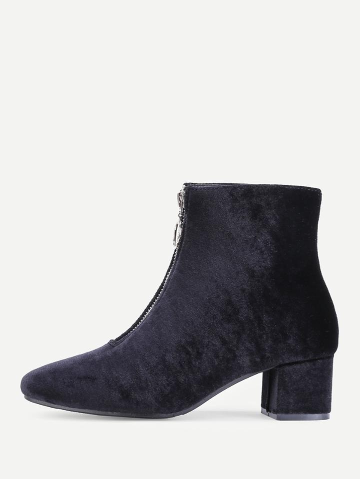 Shein Front Zipper Velvet Ankle Boots