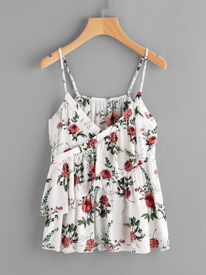 Shein Botanical Print Surplice Wrap Tiered Cami Top
