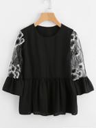 Shein Embroidery Mesh Sleeve Frill Blouse