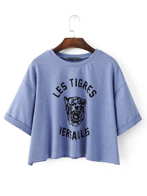Shein Purple Half Sleeve Roll Up Cuff Tiger Printed T-shirt