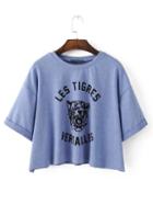 Shein Purple Half Sleeve Roll Up Cuff Tiger Printed T-shirt