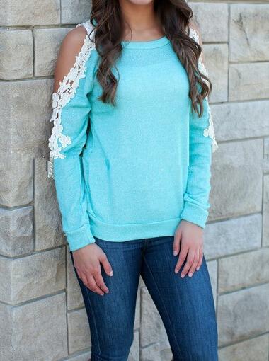 Shein Blue Off The Shoulder Lace Slim Blouse