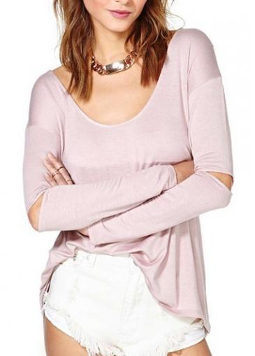 Rosewe Hot Sale Round Neck Cutout Design Pink Tees