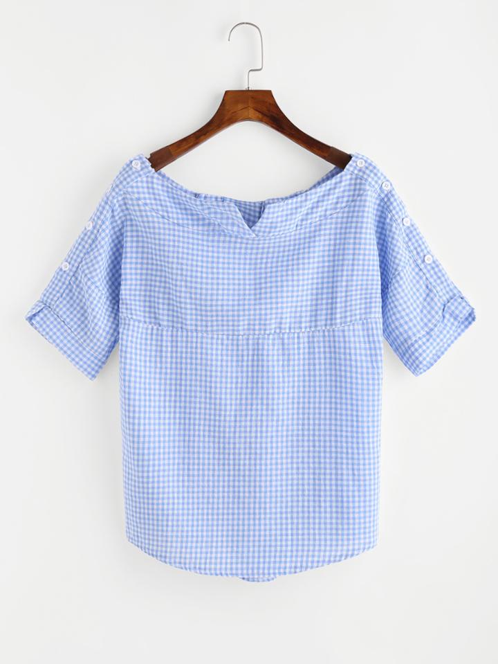 Shein Boat Neckline Gingham Button Side Top