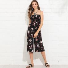 Shein Flower Print Wide Leg Smock Bandeau Jumpsuit