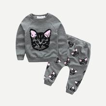 Shein Toddler Girls Raglan Sleeve Cat Print Sweatshirt With Pants