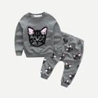 Shein Toddler Girls Raglan Sleeve Cat Print Sweatshirt With Pants