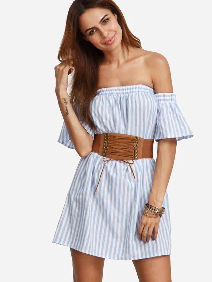 Shein Blue Striped Off The Shoulder Ruffle Dress