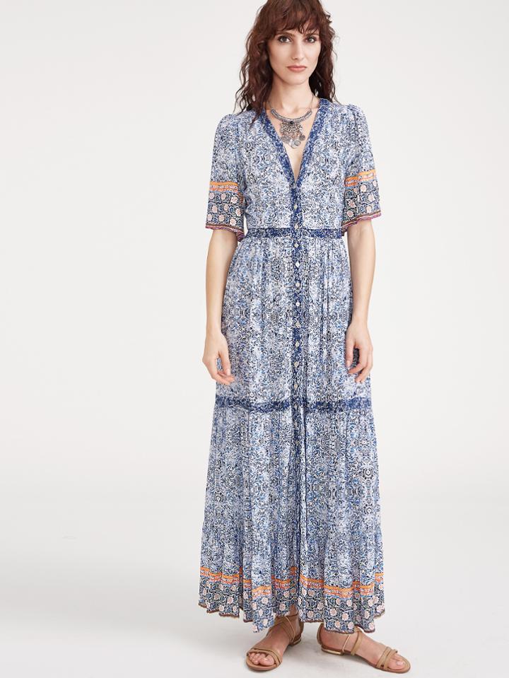 Shein Plunge Ornate Print Button Up Dress