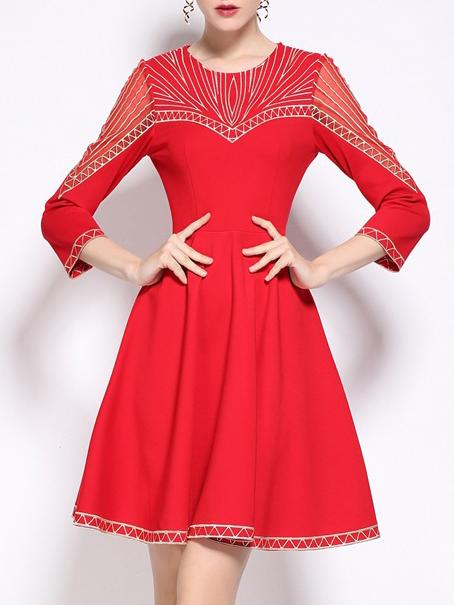 Shein Red Embroidered A-line Dress