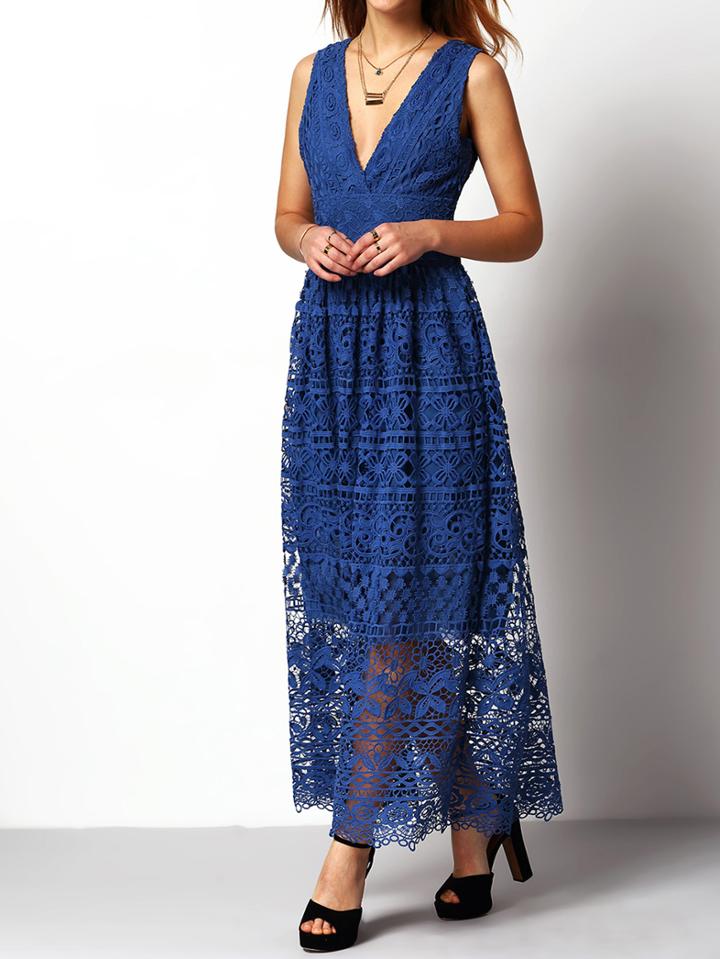 Shein Blue V Neck Sleeveless Lace Dress
