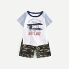 Shein Boys Letter Print Tee With Camo Shorts