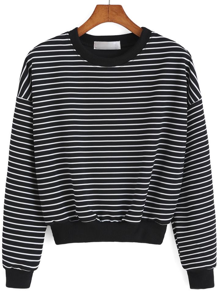 Shein Round Neck Striped Black Sweatshirt