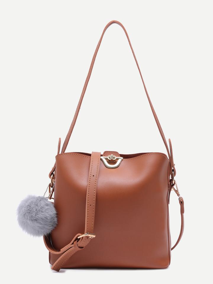 Shein Khaki Pu Pom Pom Shoulder Bag With Convertible Strap