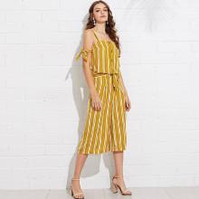 Shein Button Up Knot Detail Striped Top And Palazzo Pants Set