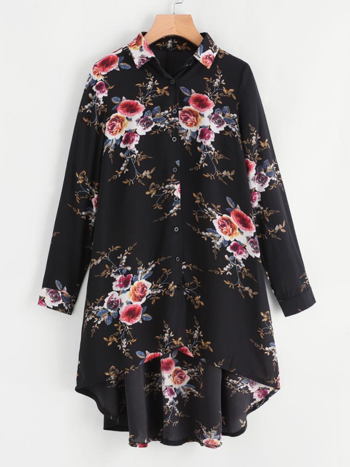 Shein Flower Print High Low Shirt