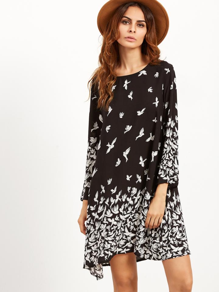 Shein Black Pigeon Print Tunic Dress