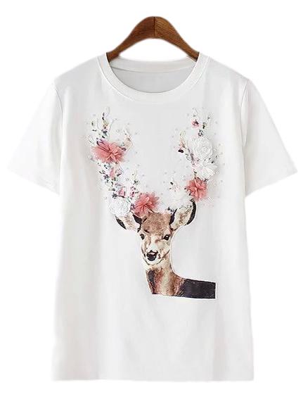 Shein White Short Sleeve Studded Flowers Deer T-shirt