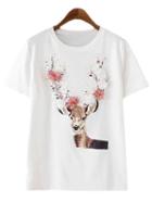 Shein White Short Sleeve Studded Flowers Deer T-shirt
