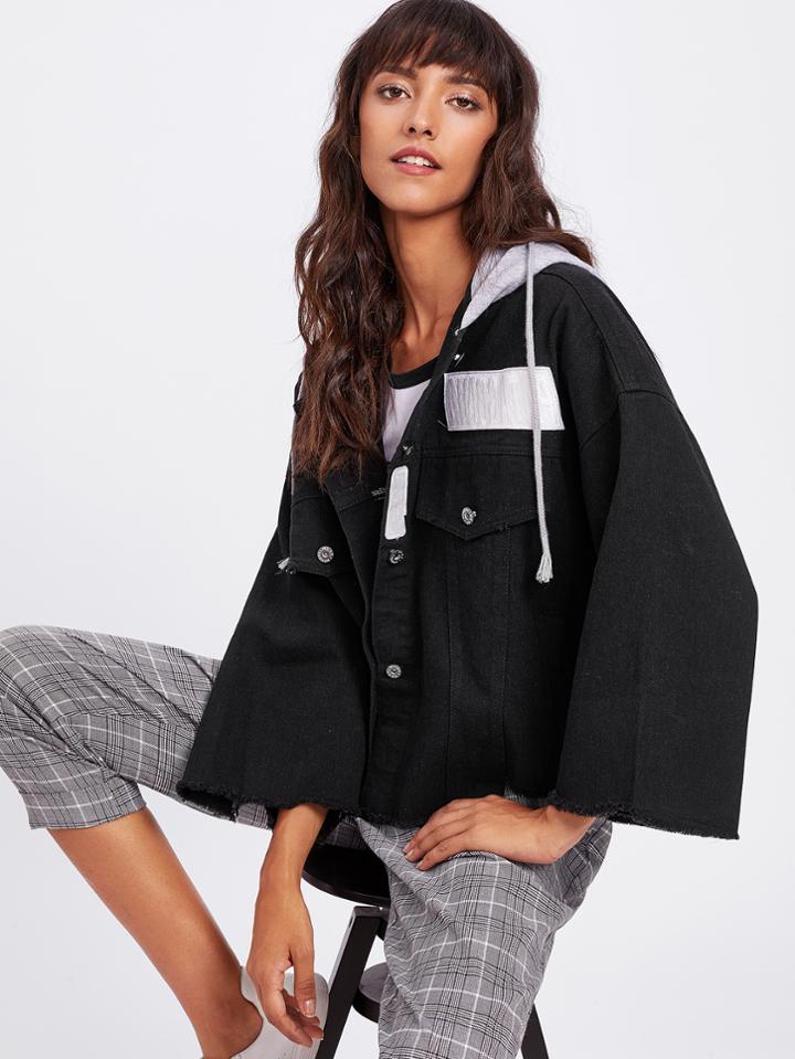 Shein Contrast Hood Frayed Denim Jacket