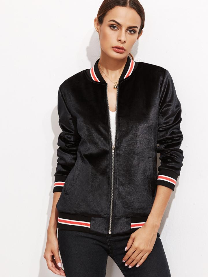 Shein Black Striped Trim Velvet Bomber Jacket