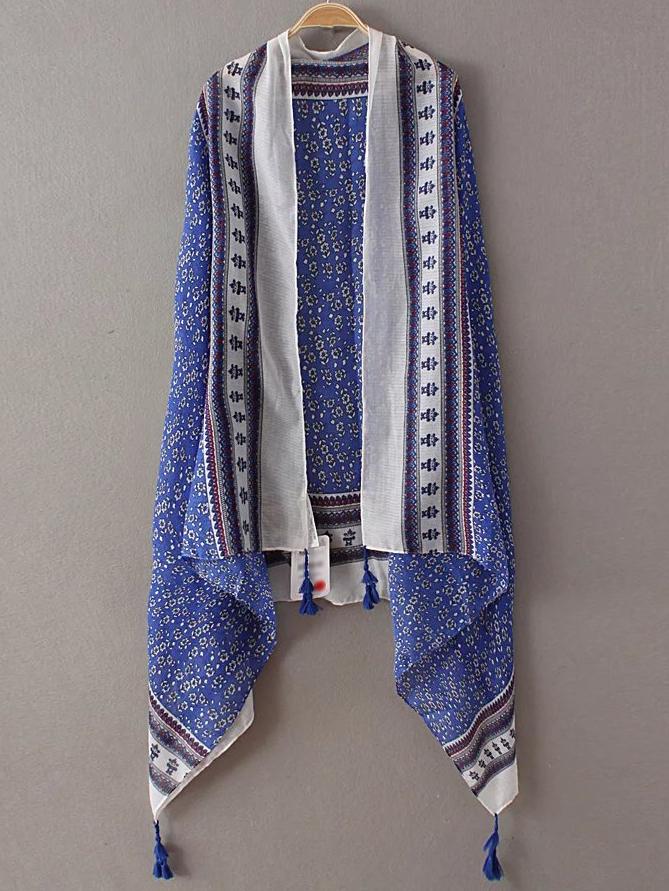 Shein Royal Blue Printed Asymmetric Tassel Scarf