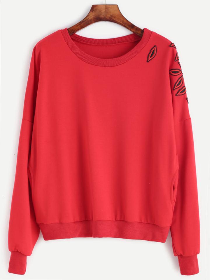 Shein Red Drop Shoulder Lip Embroidered Patches Sweatshirt