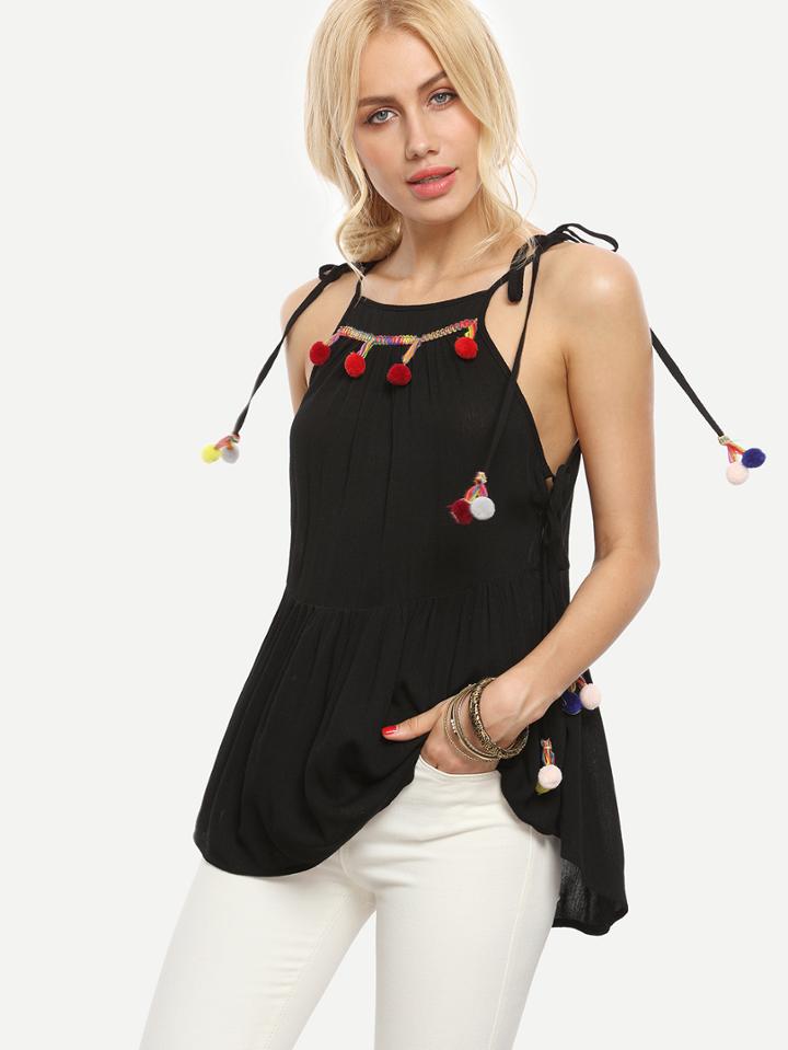 Shein Black Spaghetti Strap Tie Pom-pom Decorated Tank Top
