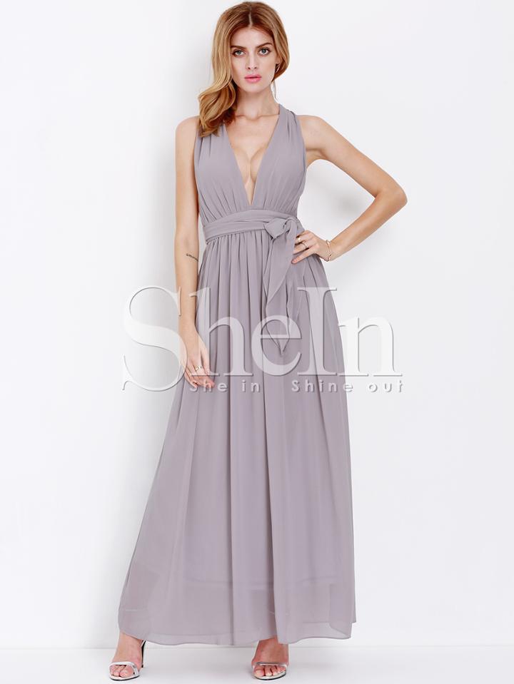 Shein Grey Deep V Neck Maxi Dress