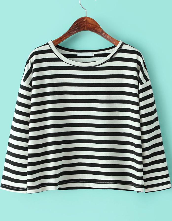 Shein Black White Round Neck Striped Loose T-shirt