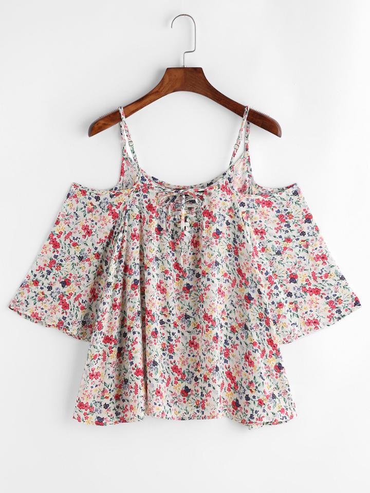 Shein Florals Cold Shoulder Lace Up Top
