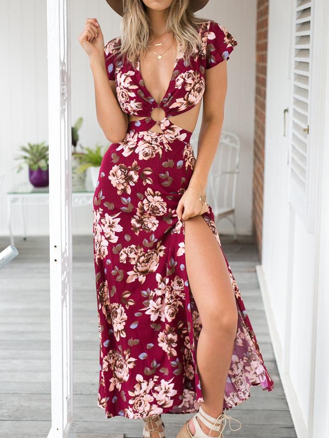 Shein Deep V Neck Florals Cut Out Split Dress