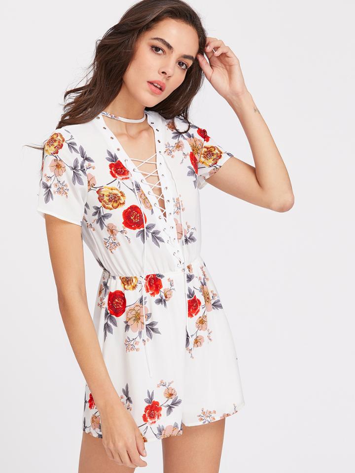 Shein Plunge Choker Floral Print Eyelet Lace Up Romper