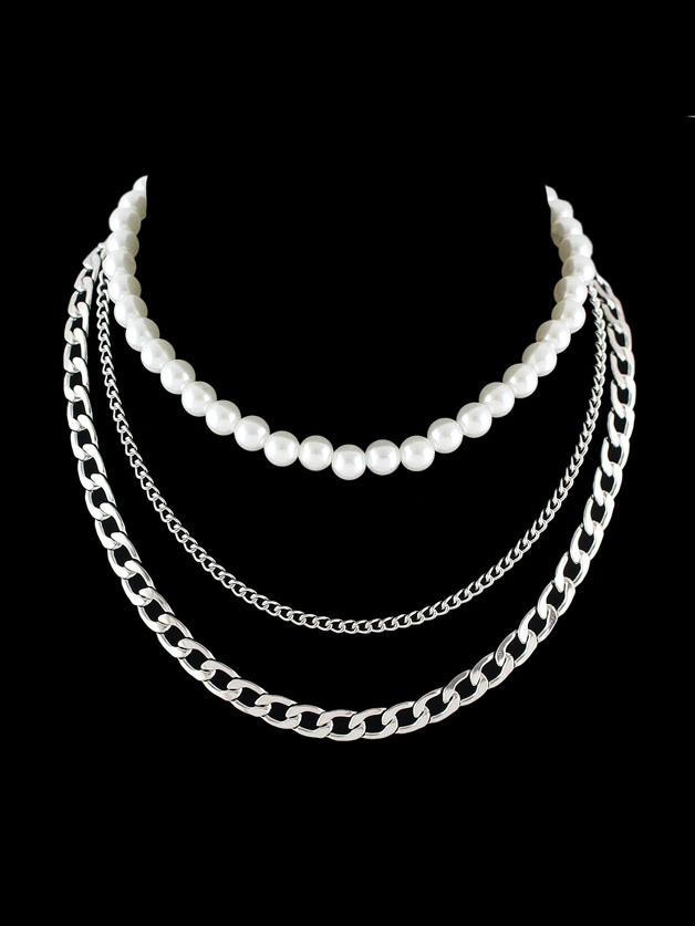 Shein Silver Multi Layer Chain Simulated-pearl Statement Necklace