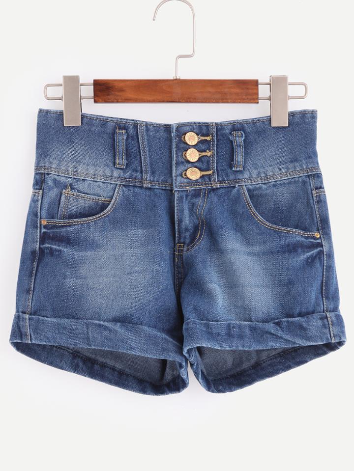 Shein Blue High Waist Single-breasted Cuffed Denim Shorts