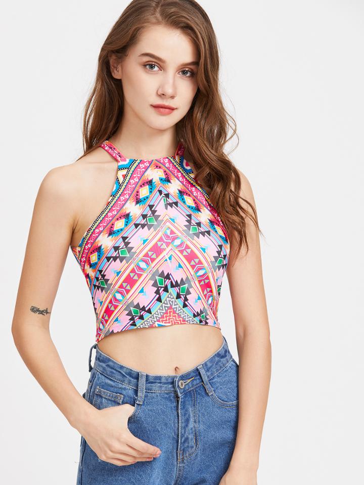 Shein Tribal Print Zip Back Crop Racer Cami