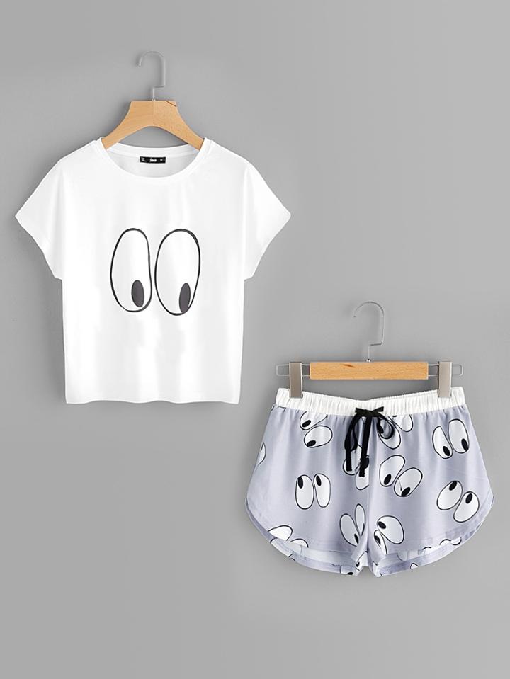 Shein Cartoon Eye Print Tee And Shorts Pajama Set